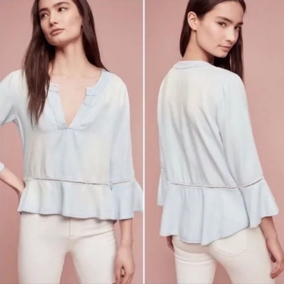 Anthropologie Cloth & Stone Grey Lattice Detail Bell Sleeve Top - Picture 13 of 13